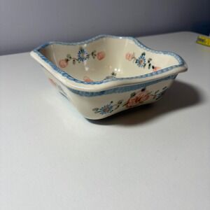 Boleslawiec Polish Pottery Square Bowl Floral Ruffled Edge Floral Blue Pink 6.5"